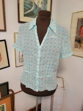I.E Light Aqua Blue 100% Silk Blouse Size S